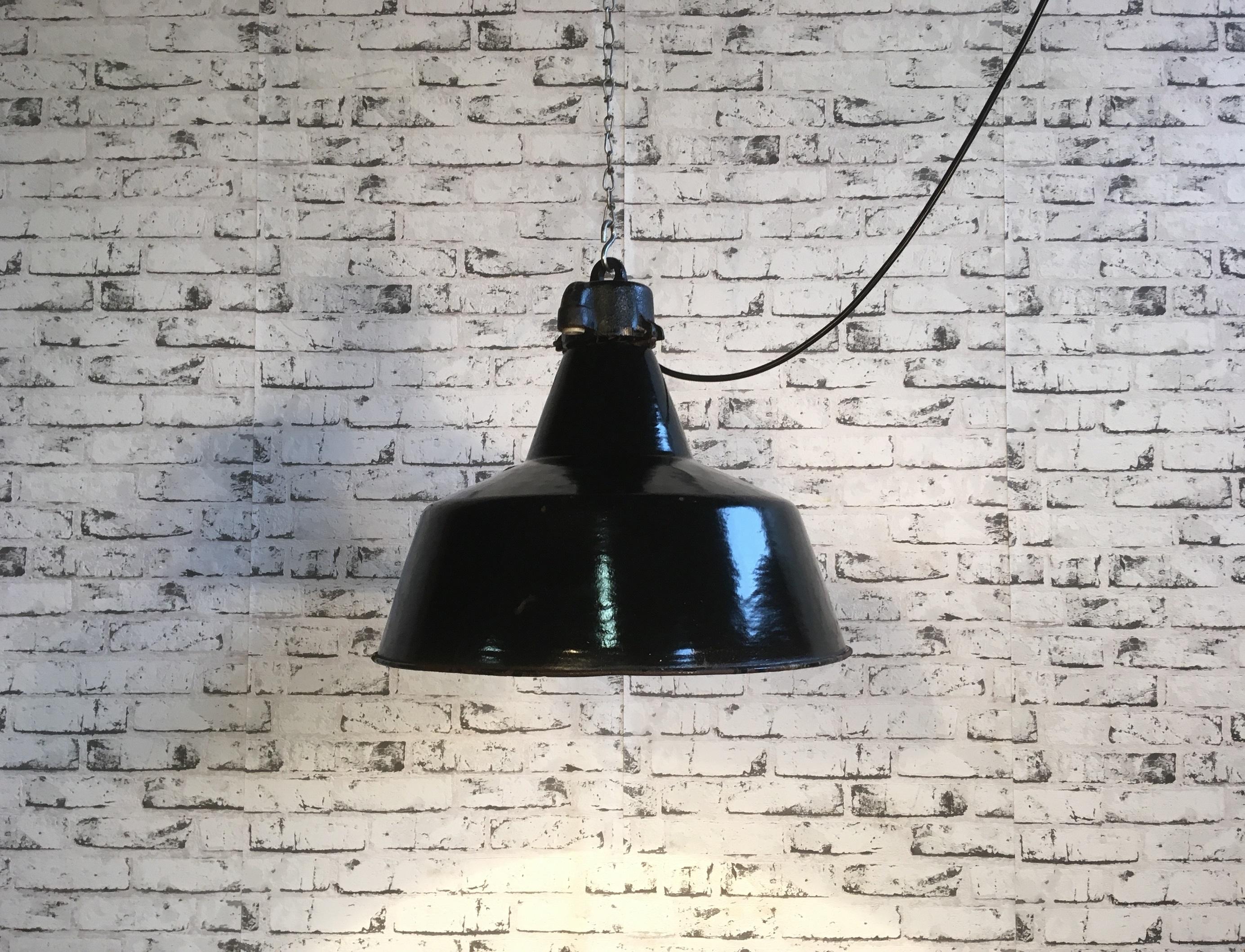 Black Enamel Pendant Lamp Cast Iron Top, Bauhaus, 1930s In Good Condition In Kojetice, CZ