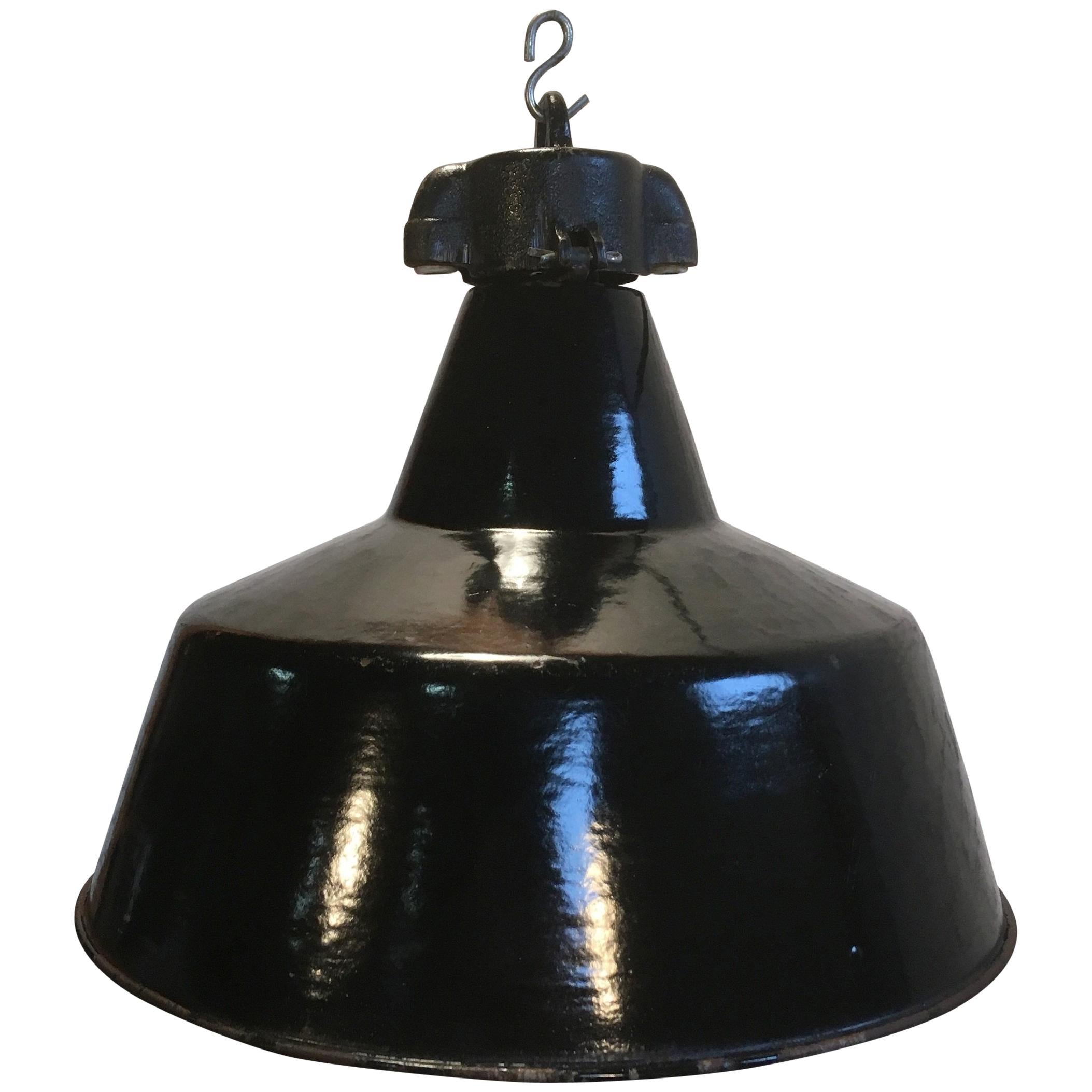 Black Enamel Pendant Lamp Cast Iron Top, Bauhaus, 1930s