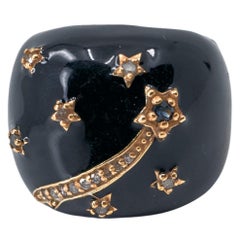 Black Enamel Ring Blue Sapphire Diamond Star Cocktail Ring