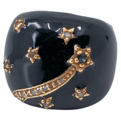 Black Enamel Ring Blue Sapphire Diamond Star Cocktail Ring