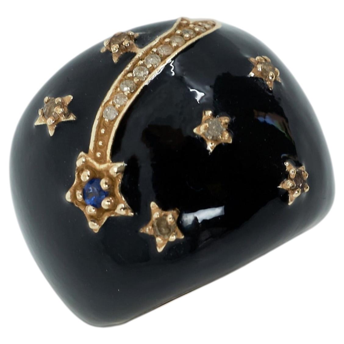 Schwarzer Emaille Ring Blauer Saphir Diamant Stern Cocktail Ring im Angebot