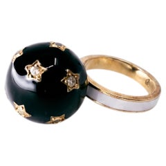 Black Enamel Ring Diamond Set Star Cosmic Orb - White Enamel Band- J Dauphin