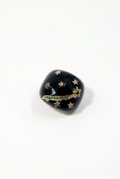 Black Enamel Ring Emerald Diamond Star Cocktail Ring