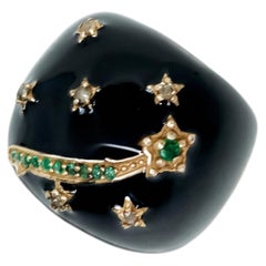 Black Enamel Ring Emerald Diamond Star Cocktail Ring