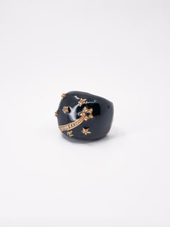 Black Enamel Ring Heart Stars Black Diamond