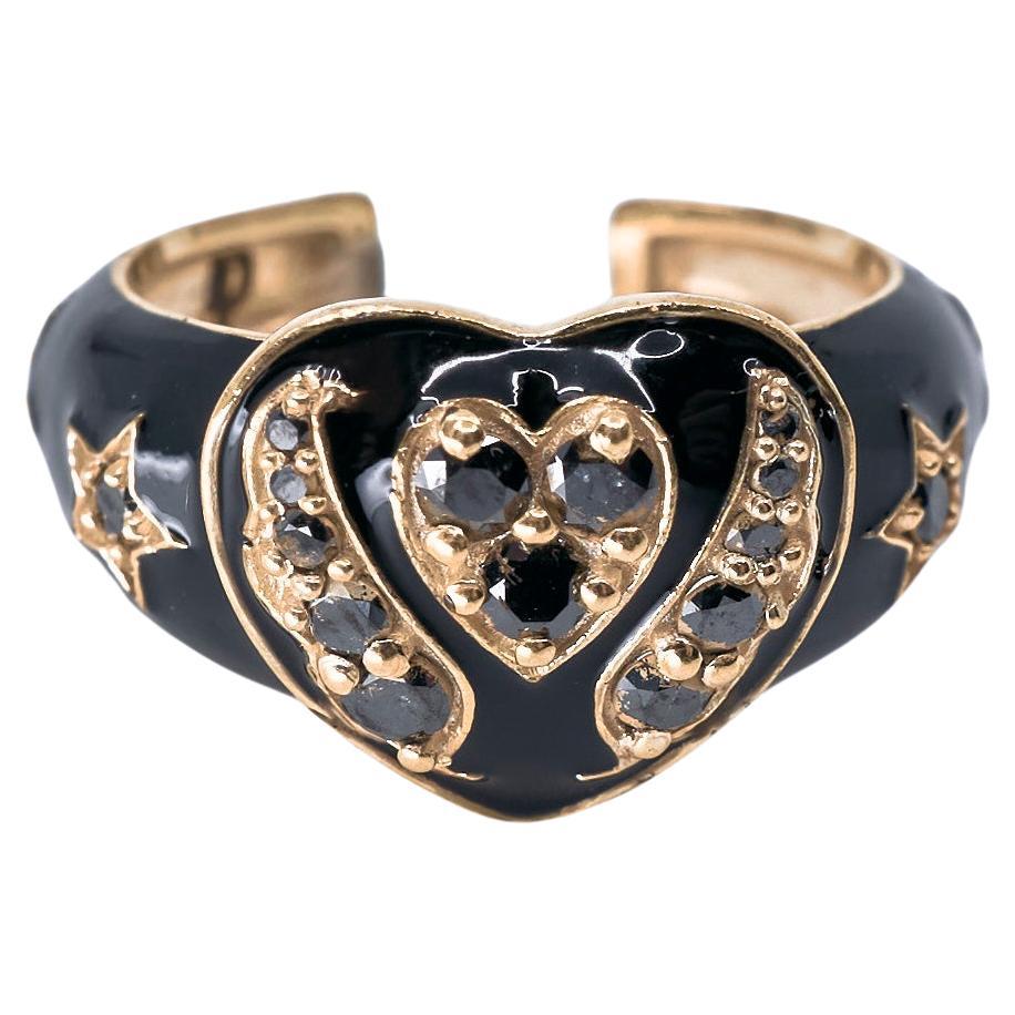 Anello "Cuore alato" con diamante nero, ali d'angelo, smalto nero, fascia aperta, J DAUPHIN in vendita