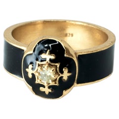 Black Enamel Ring White Diamond French Lily Pure Size 7