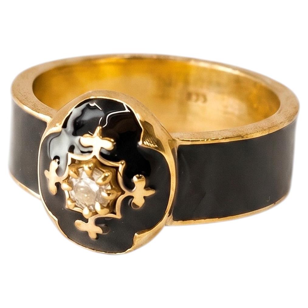 Fleur de Lis Ring White Diamond Black Enamel Word Signet Gold
