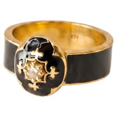 Black Enamel Ring White Diamond French Lily Pure Size 7