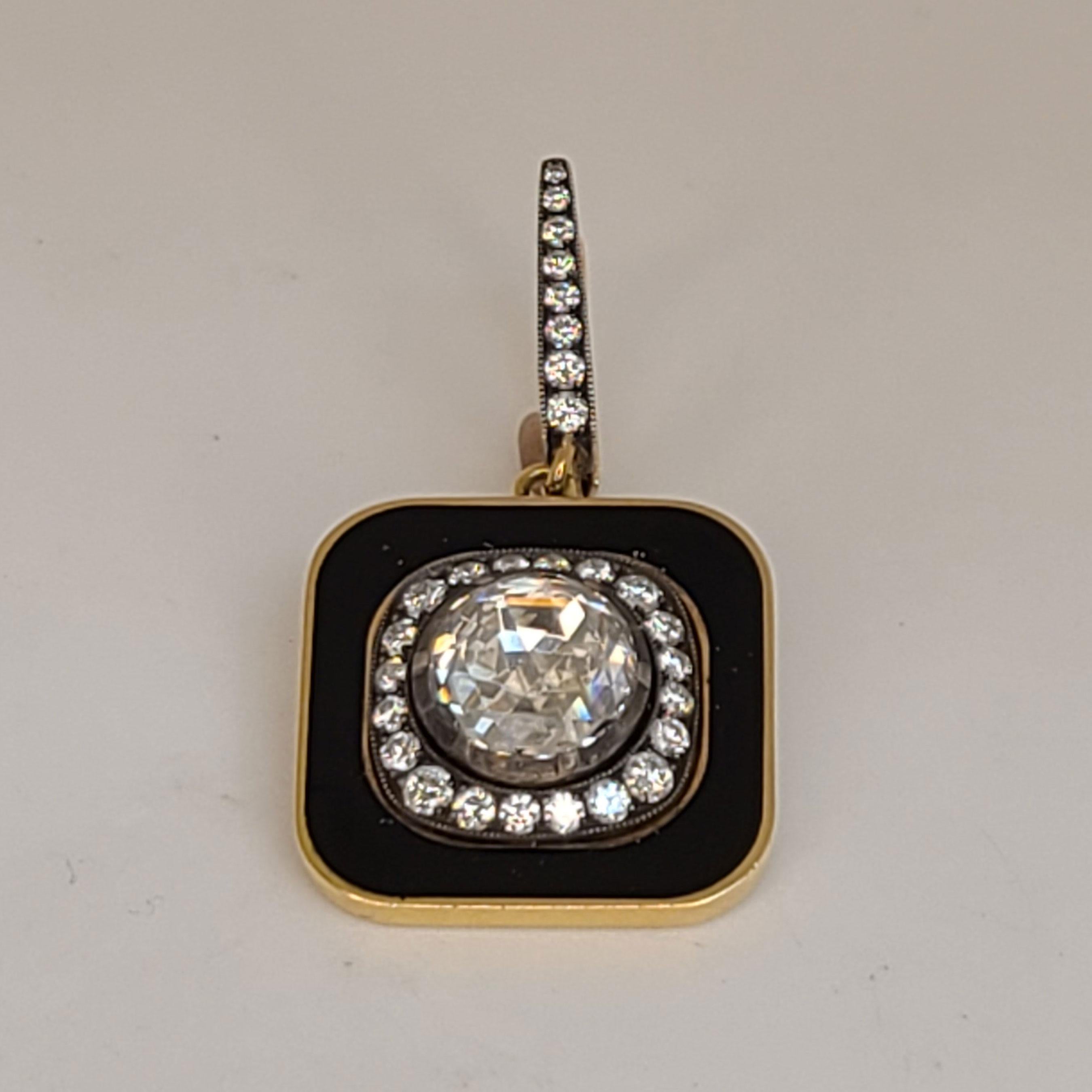 Artisan Black Enamel Rose-Cut Center Diamond Earrings For Sale