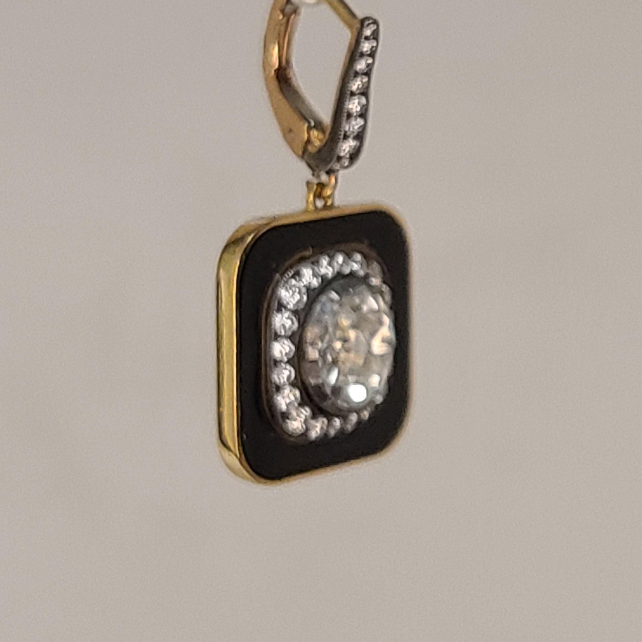 Rose Cut Black Enamel Rose-Cut Center Diamond Earrings For Sale