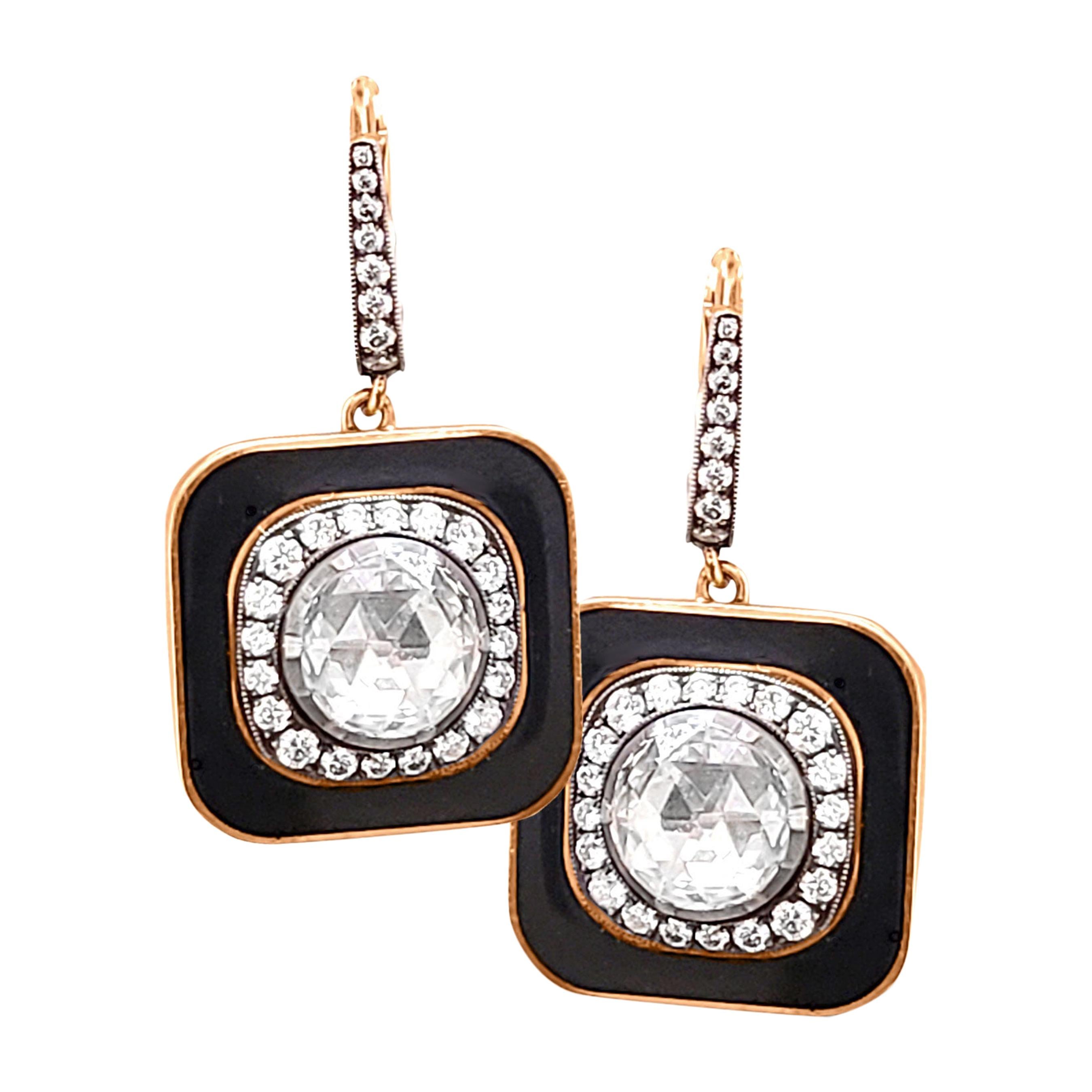 Black Enamel Rose-Cut Center Diamond Earrings For Sale