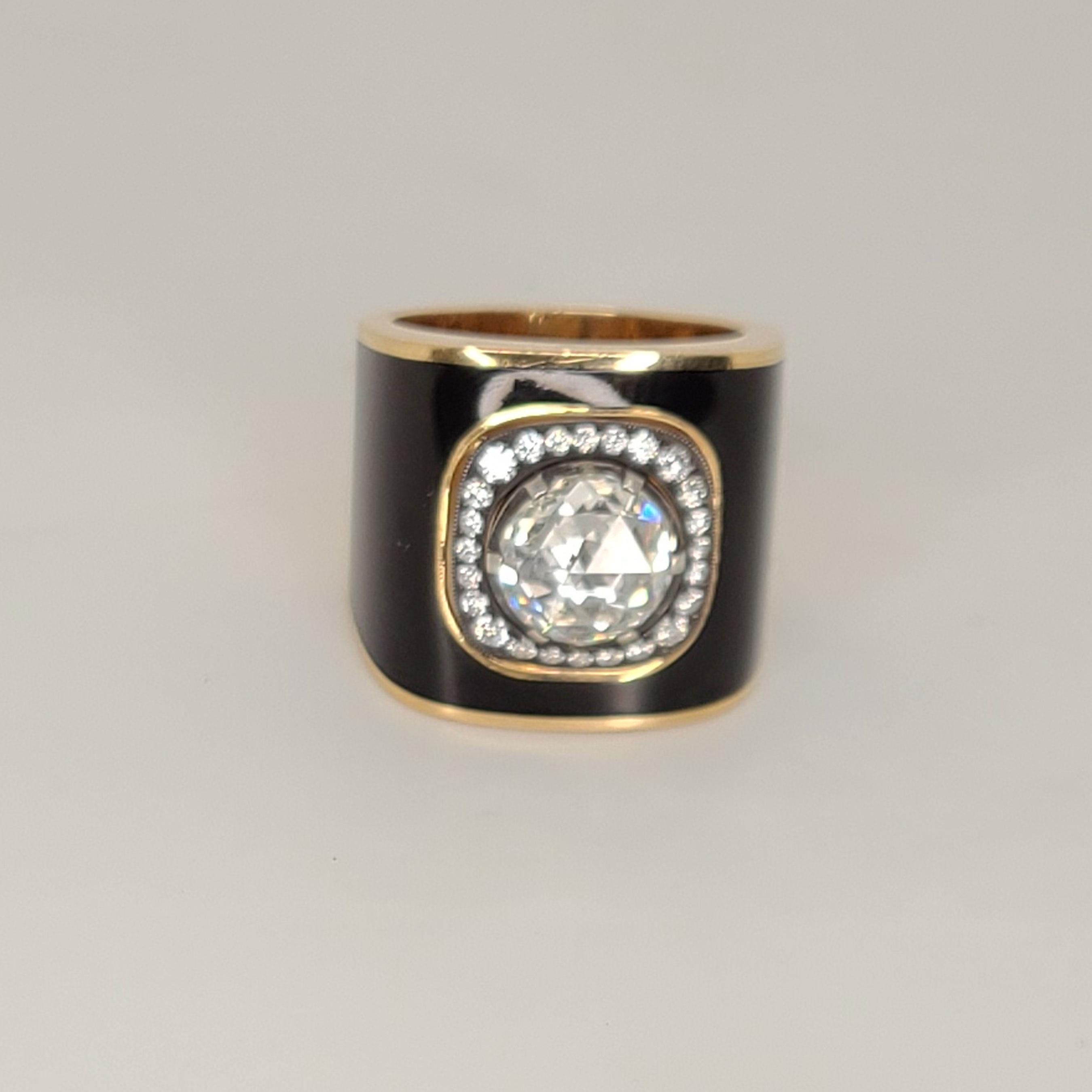 Rose Cut Black Enamel Round Center Diamond Ring For Sale