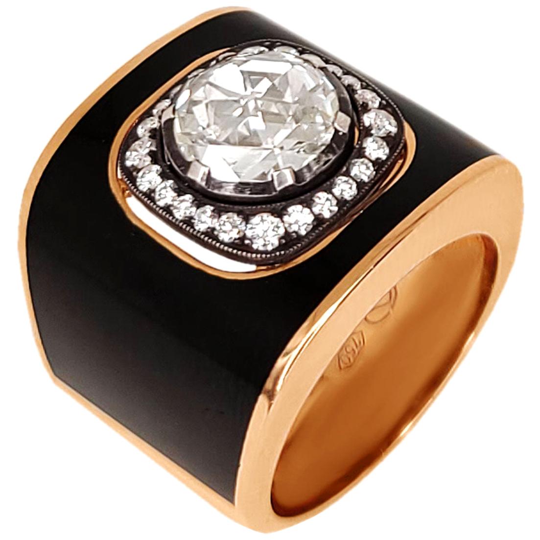 Black Enamel Round Center Diamond Ring For Sale