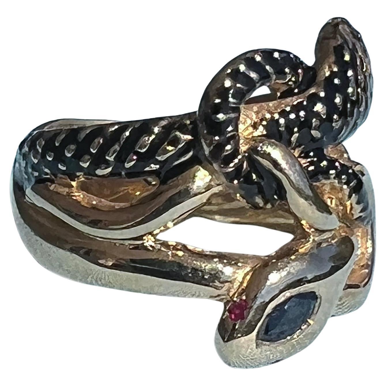 Schwarzer Emaille-Schlangenring Blauer Saphir Marquise, Diamant-Rubin-Augen