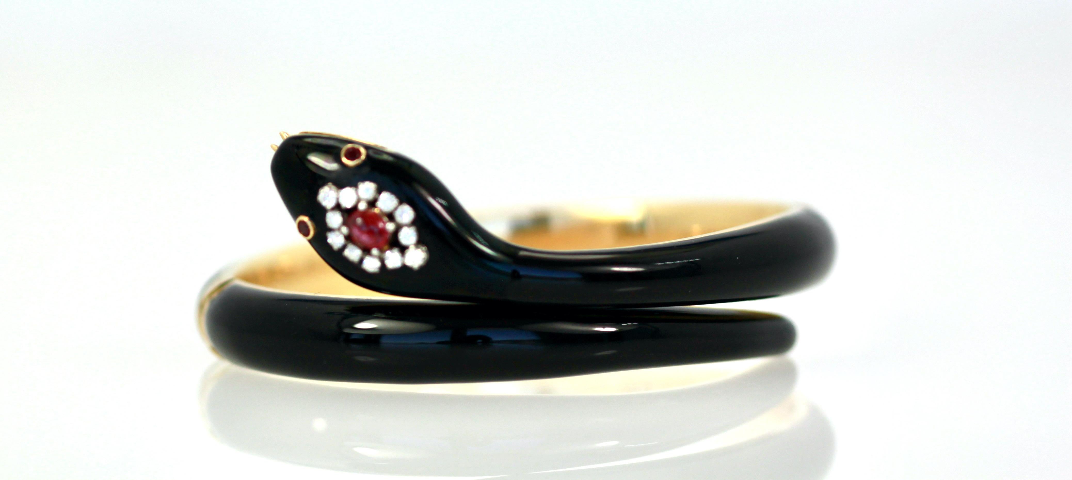 Women's or Men's Black Enamel Snake Bracelet 18K Ruby Head For Sale