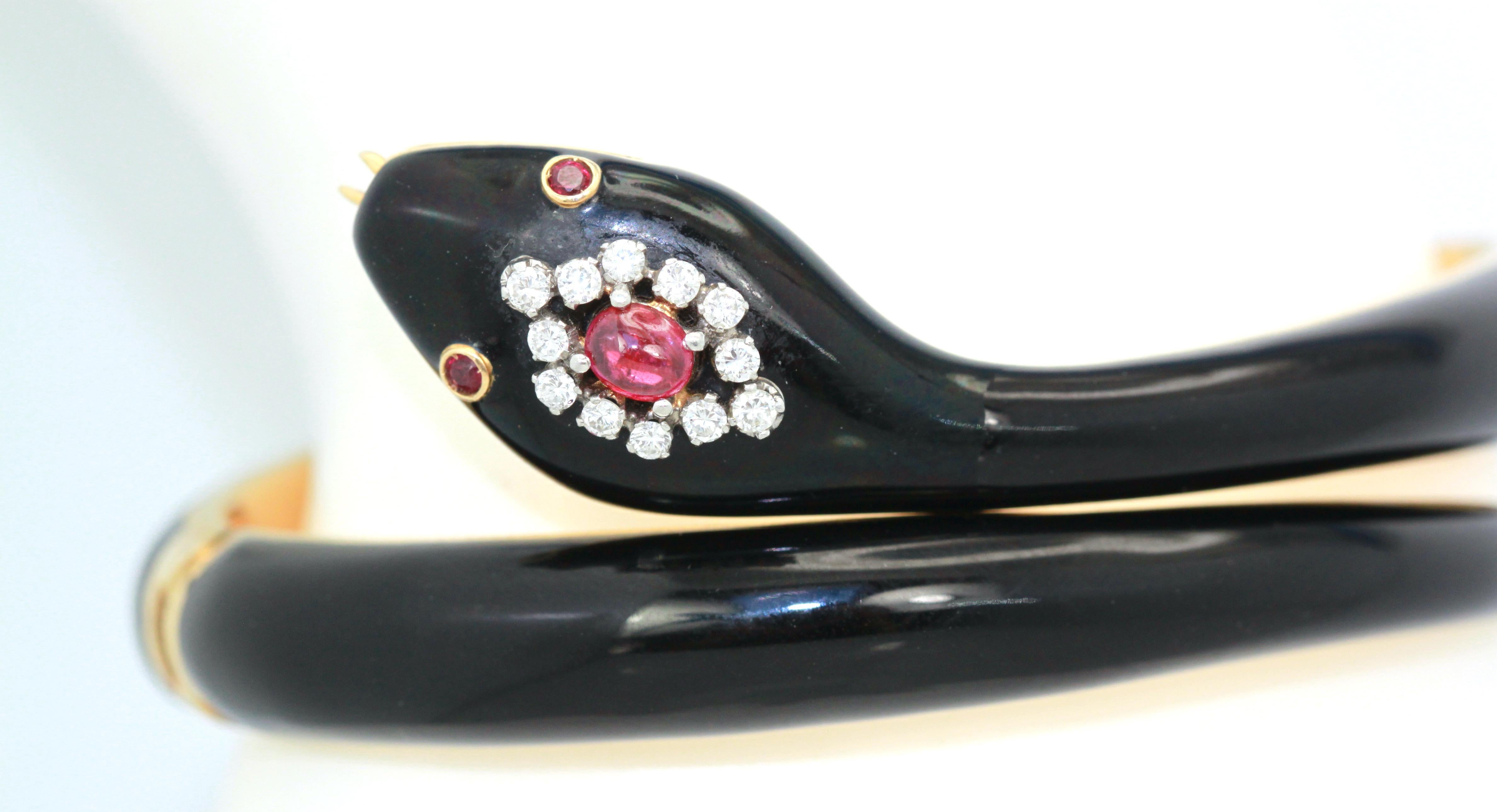 Black Enamel Snake Bracelet 18K Ruby Head For Sale 2