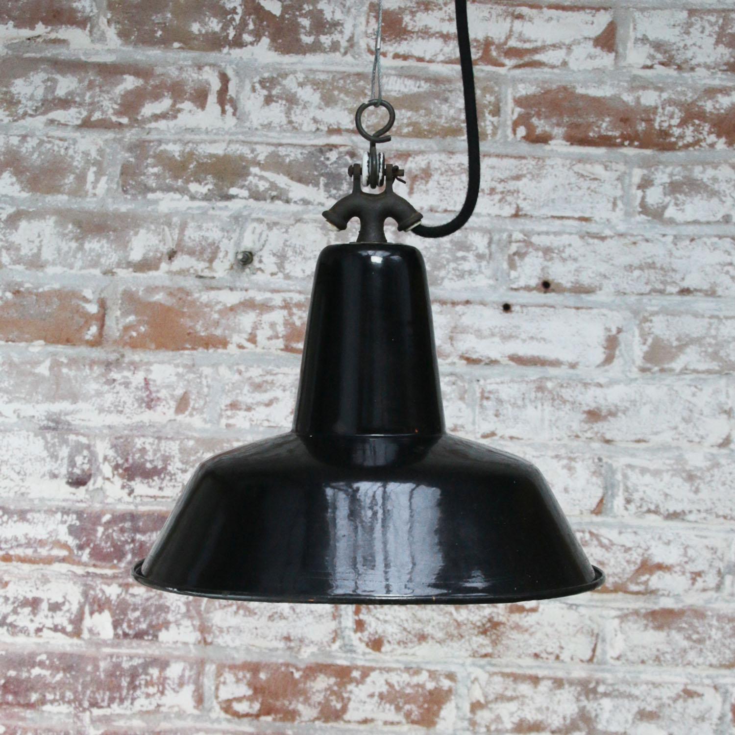 20th Century Black Enamel Vintage Dutch Industrial Hanging Lamp For Sale