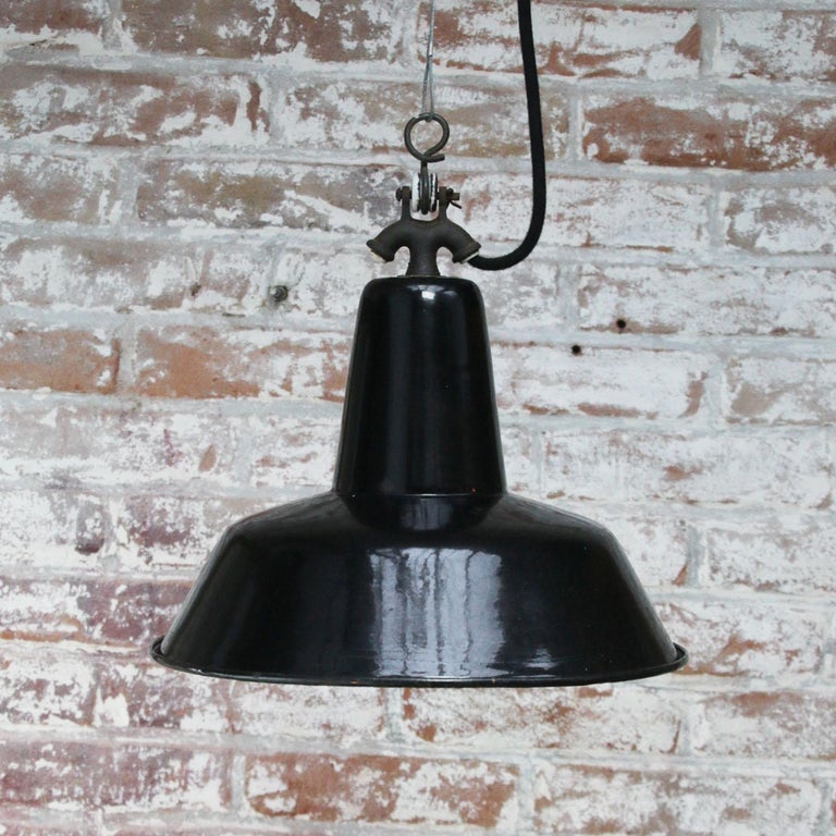 Black Enamel Vintage Dutch Industrial Hanging Lamp For Sale at 1stDibs