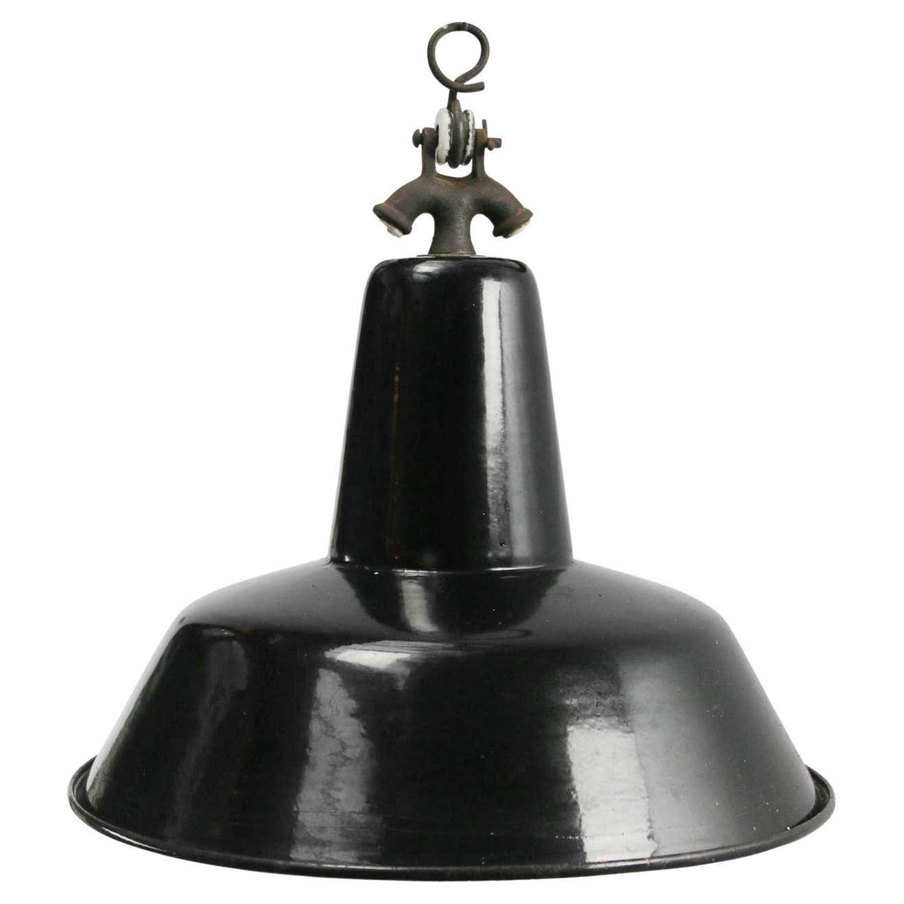 Black Enamel Vintage Dutch Industrial Hanging Lamp For Sale at 1stDibs
