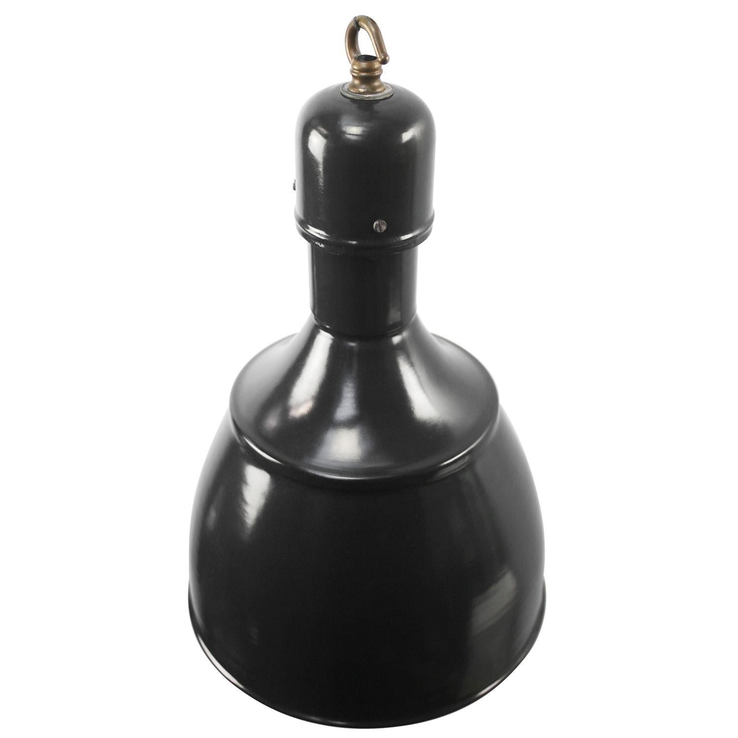 Black, very dark blue, enamel Factory pedant light
White interior, brass top. New old stock. 

Weight 2.3 kg or 5.1 lb.

Priced per individual item. All lamps have been made suitable by international standards for incandescent light bulbs,