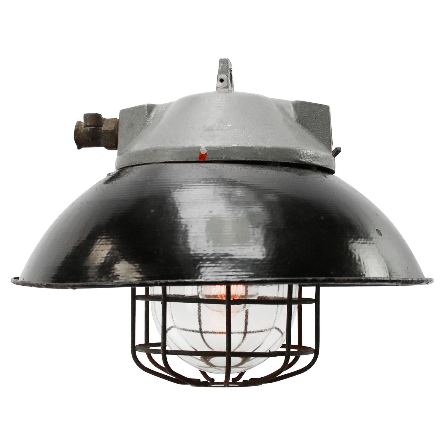 Black Enamel Vintage Industrial Cast Aluminum Top Clear Glass Pendant Light