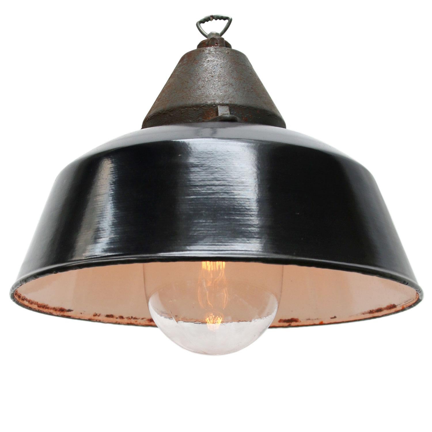 Factory hanging lamp. Black enamel. White interior.
Clear glass. Cast iron top.

Measurement: Weight 5.5 kg / 12.1 lb

All lamps have been made suitable by international standards for incandescent light bulbs, energy-efficient and LED bulbs.