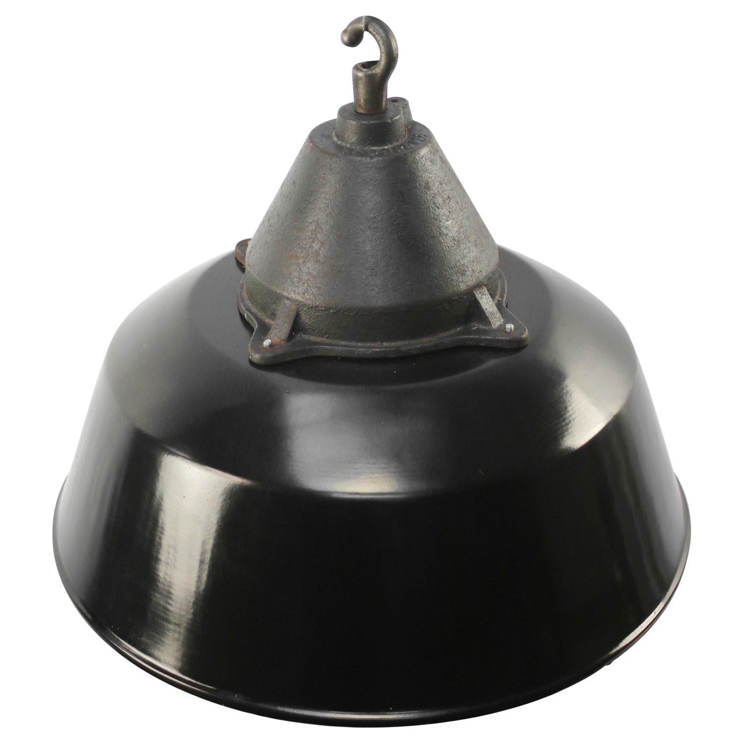 Factory hanging lamp. Black enamel. White interior.
Clear glass. Cast iron top.

Weight 5.5 kg / 12.1 lb

Priced per individual item. All lamps have been made suitable by international standards for incandescent light bulbs, energy-efficient and LED