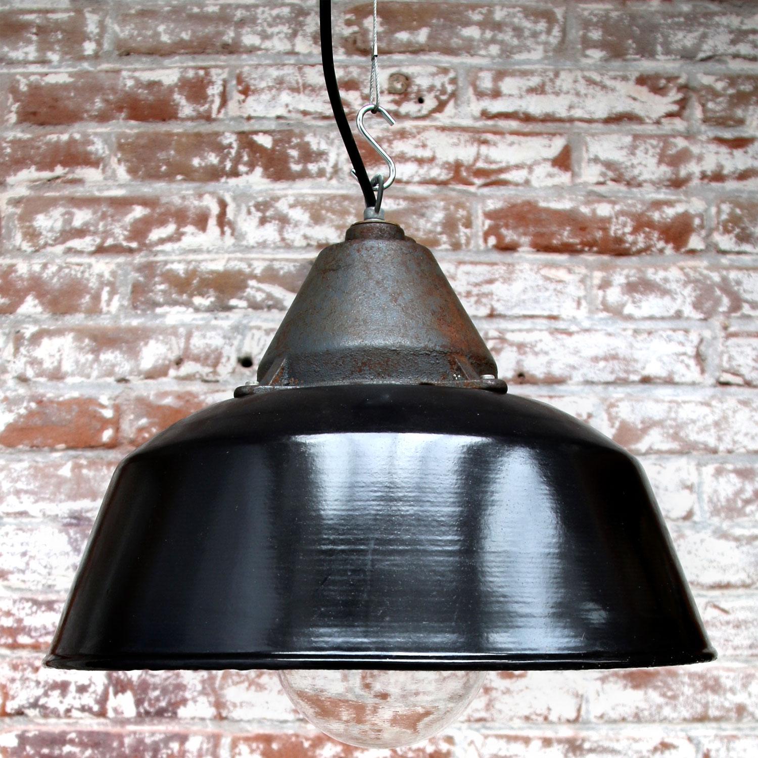 Black Enamel Vintage Industrial Cast Iron Clear Glass Hanging Lights 1