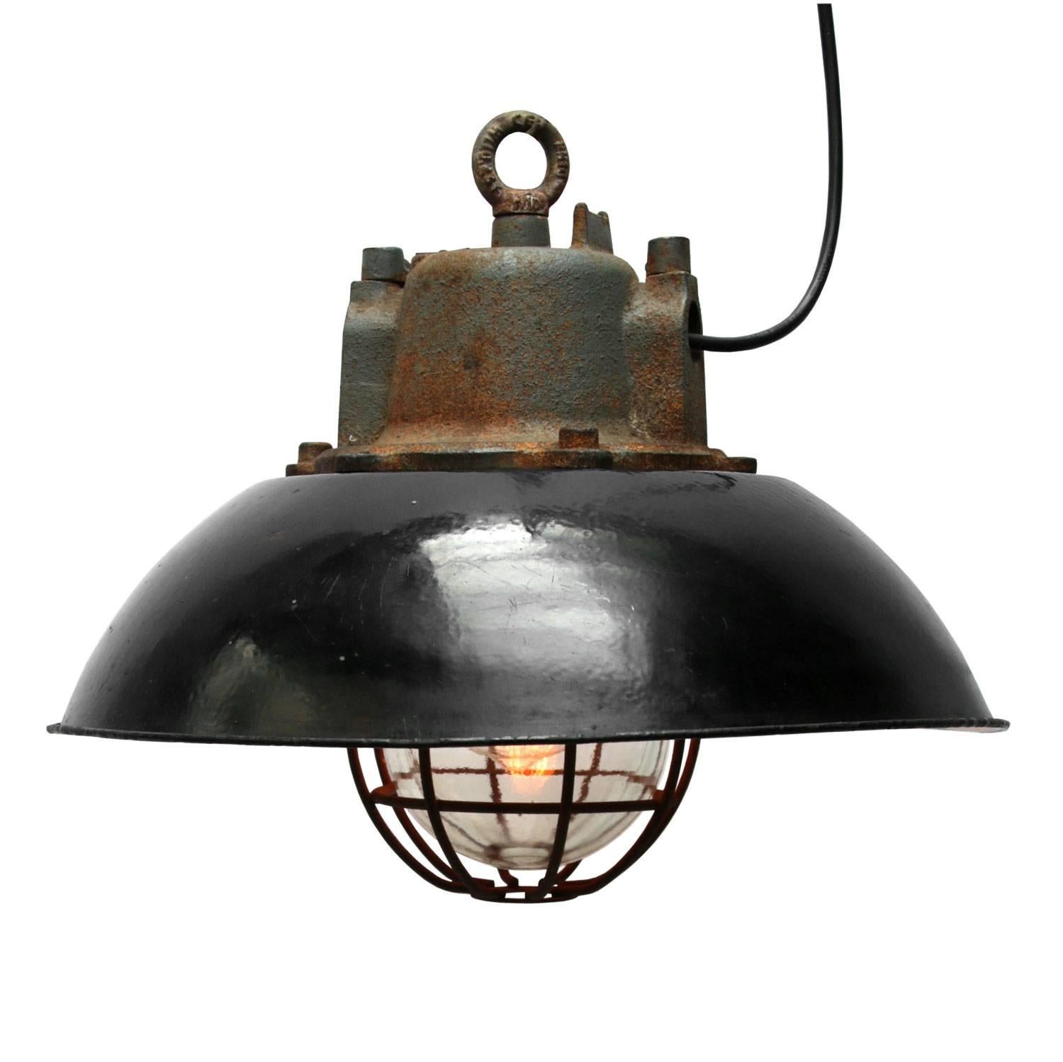 Black Enamel Vintage Industrial Cast Iron Clear Glass Industrial Pendant Light In Good Condition In Amsterdam, NL