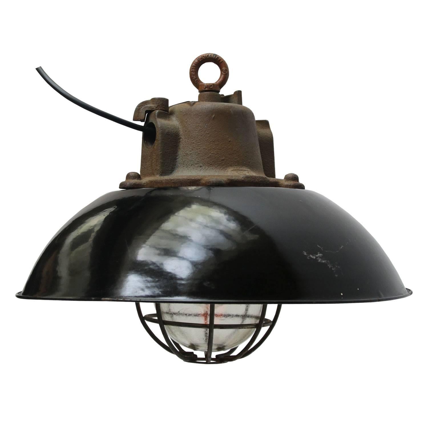 20th Century Black Enamel Vintage Industrial Cast Iron Clear Glass Pendant Light