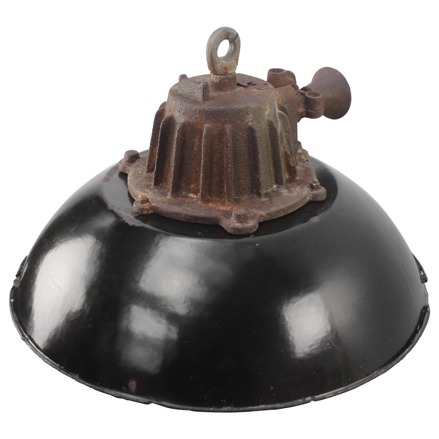 Czech Black Enamel Vintage Industrial Cast Iron Clear Glass Pendant Light