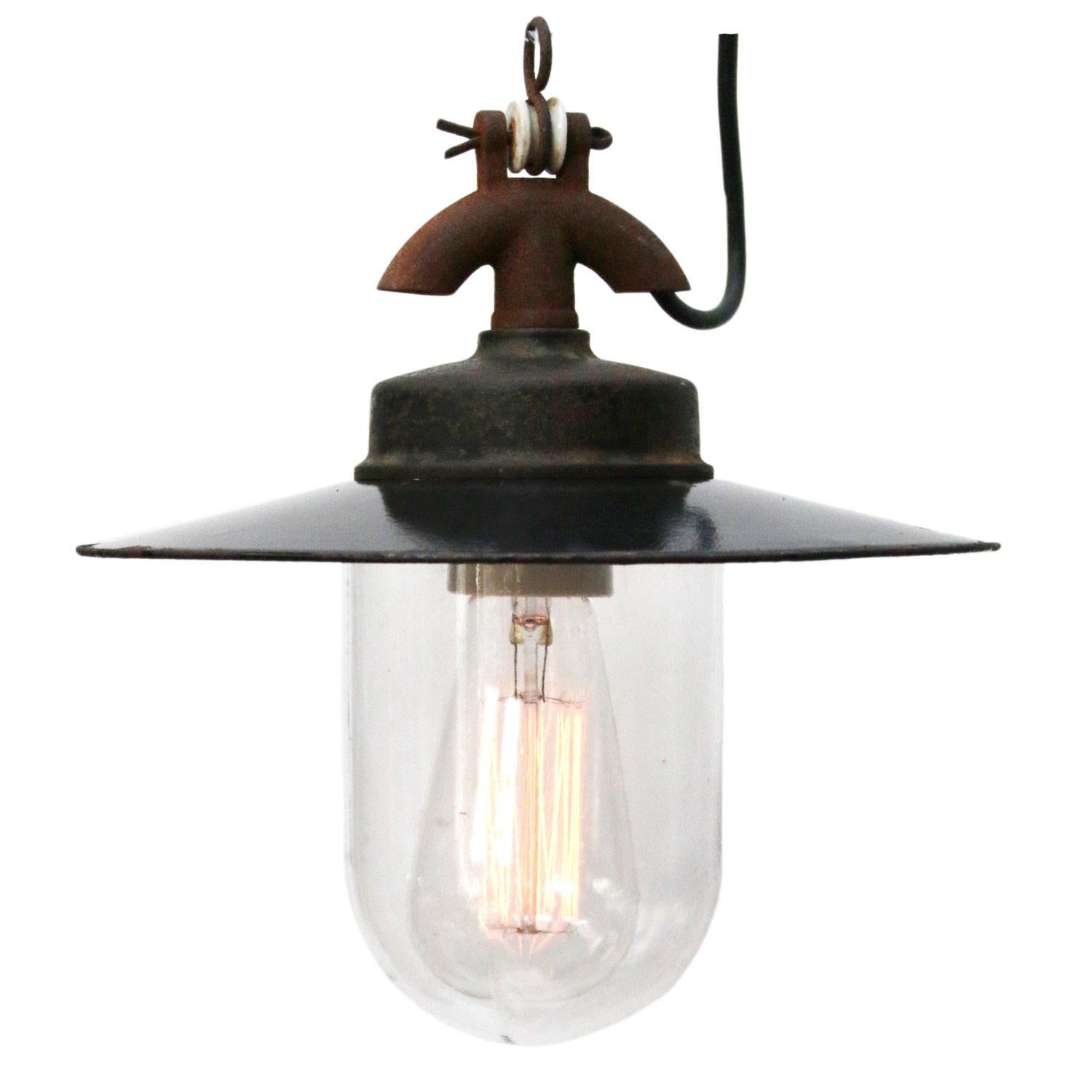 Black Enamel Vintage Industrial Cast Iron Clear Glass Pendant Light In Good Condition In Amsterdam, NL