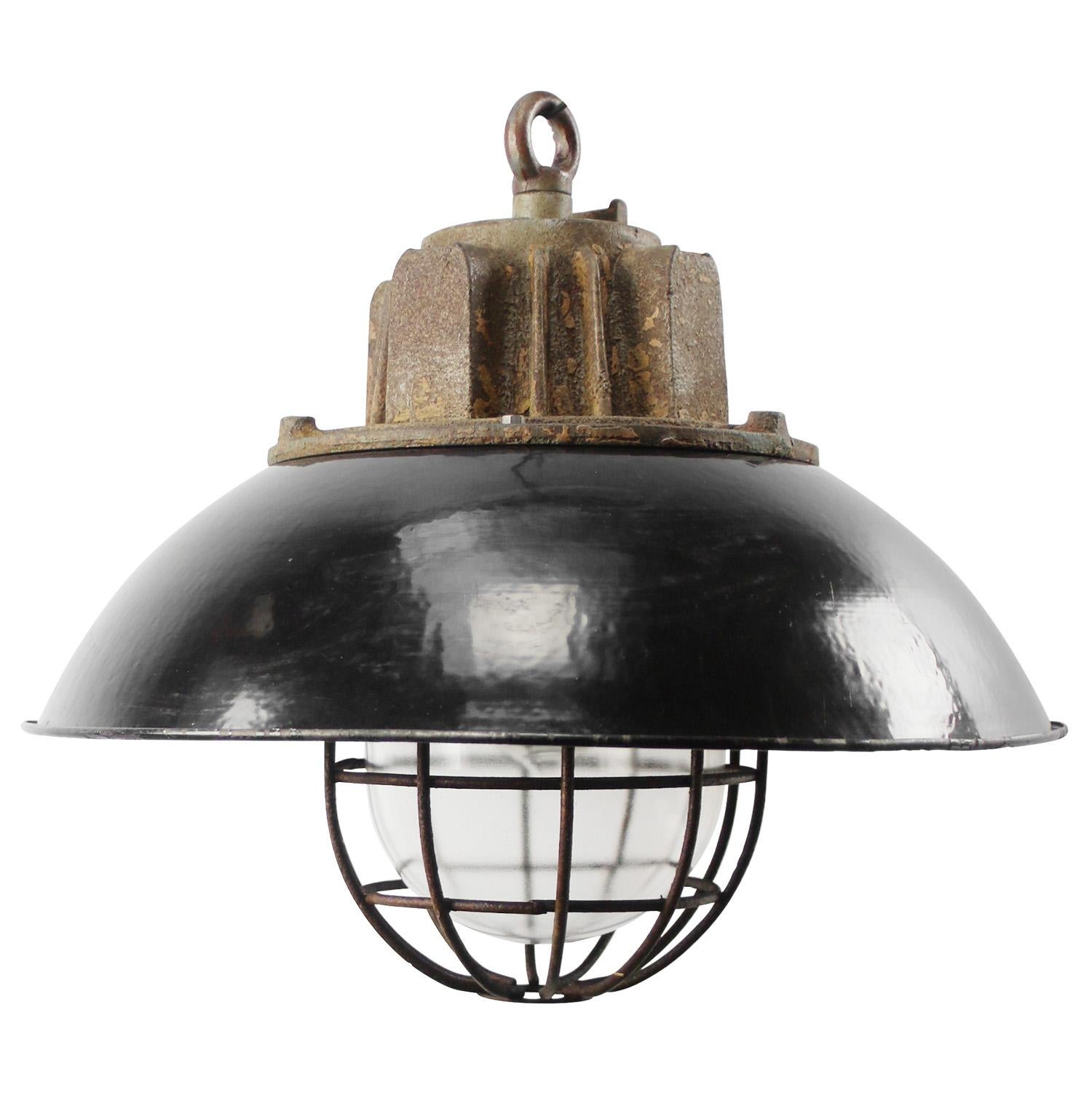 Black enamel with cast iron top
clear glass, iron cage

Weight: 9.00 kg / 19.8 lb

Priced per individual item. All lamps have been made suitable by international standards for incandescent light bulbs, energy-efficient and LED bulbs. E26/E27 bulb