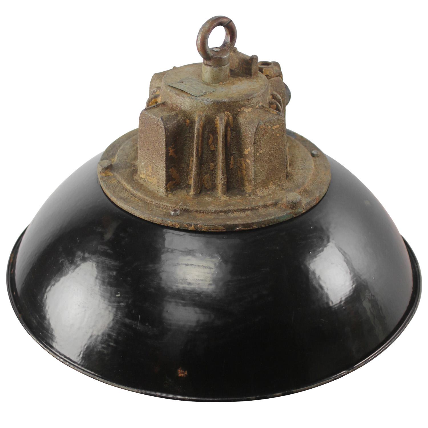 Black Enamel Vintage Industrial Cast Iron Clear Glass Pendant Lights In Good Condition In Amsterdam, NL
