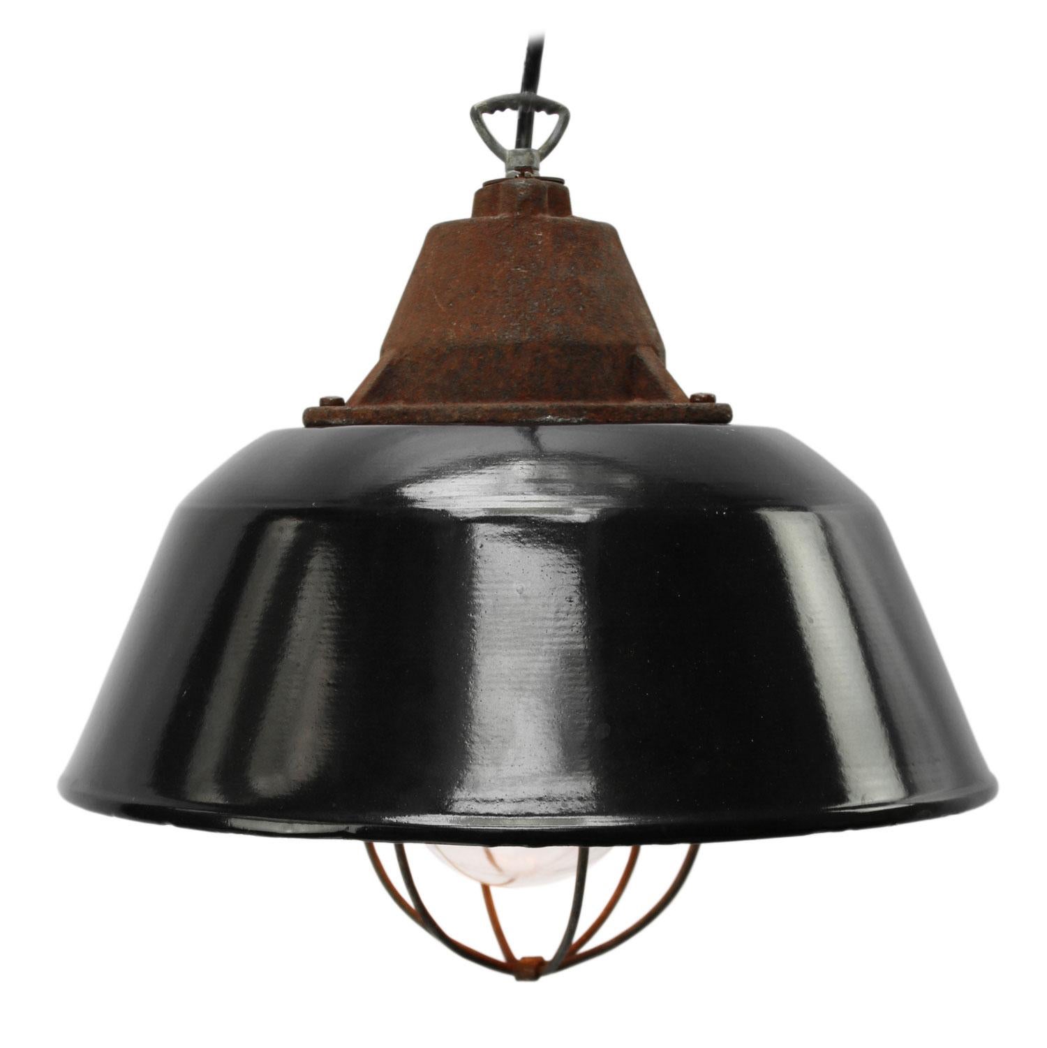 Black Enamel Vintage Industrial Cast Iron Clear Glass Pendant Lights  In Good Condition In Amsterdam, NL