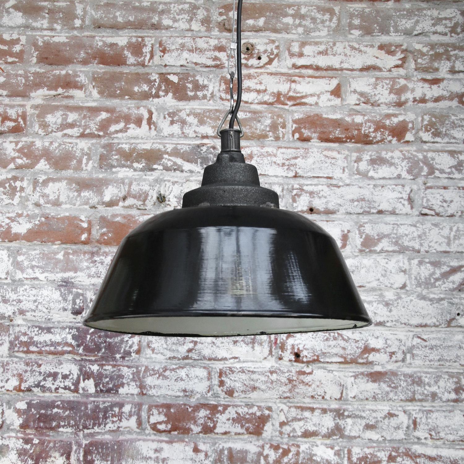 Black Enamel Vintage Industrial Cast Iron Factory Pendant Light In Good Condition In Amsterdam, NL