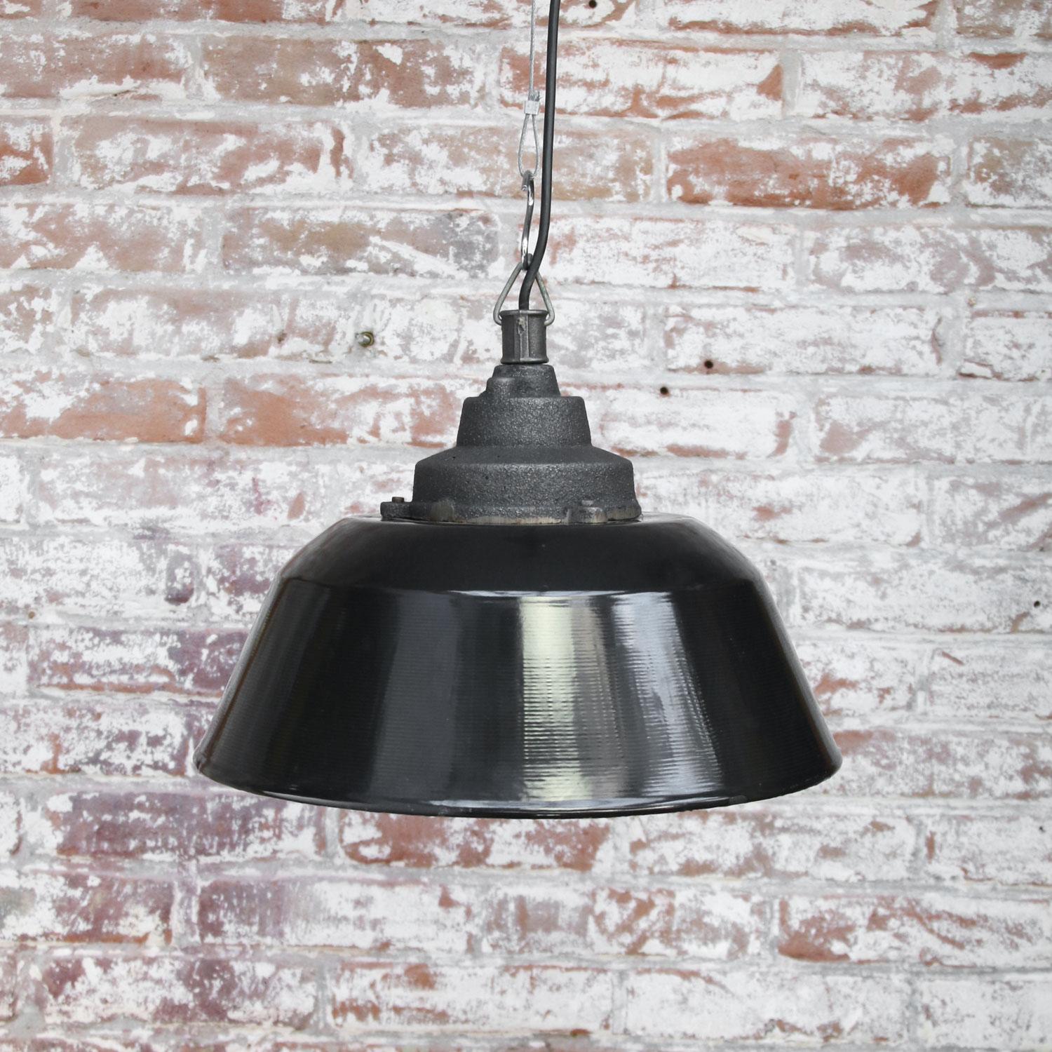 20th Century Black Enamel Vintage Industrial Cast Iron Factory Pendant Light