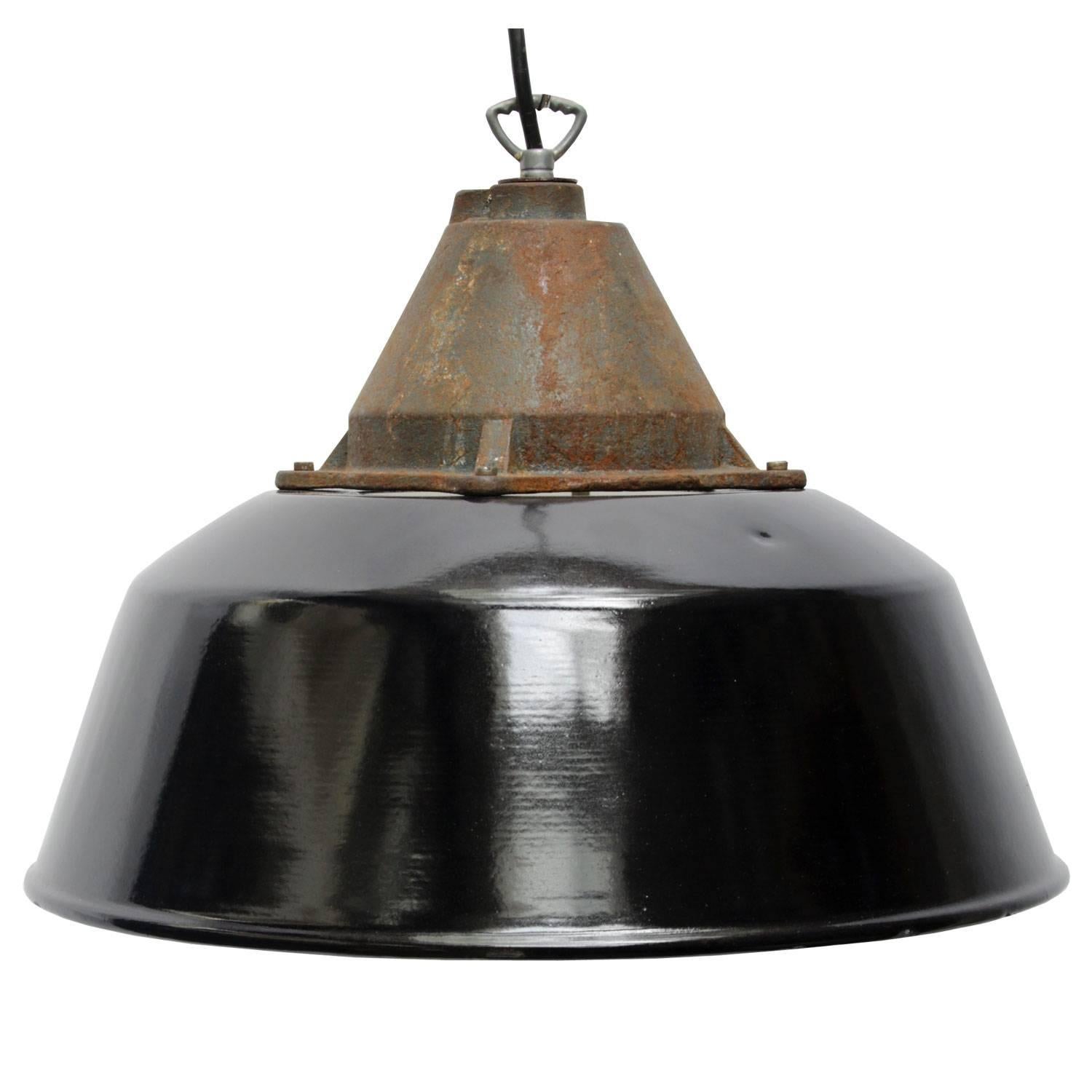 Hungarian Black Enamel Vintage Industrial Cast Iron Factory Pendant Lights