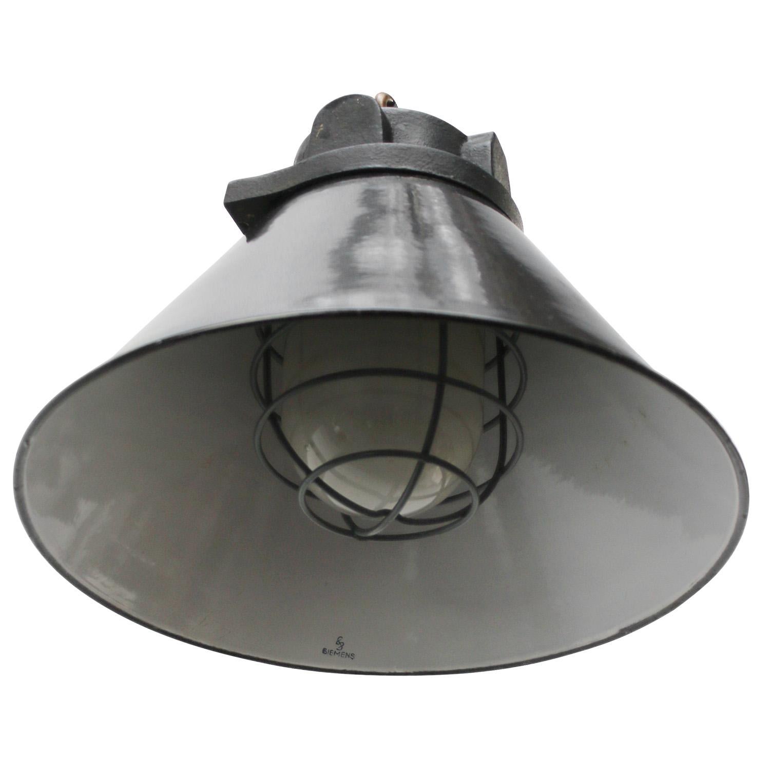 Black Enamel Vintage Industrial Cast Iron Frosted Glass Pendant Light In Good Condition For Sale In Amsterdam, NL