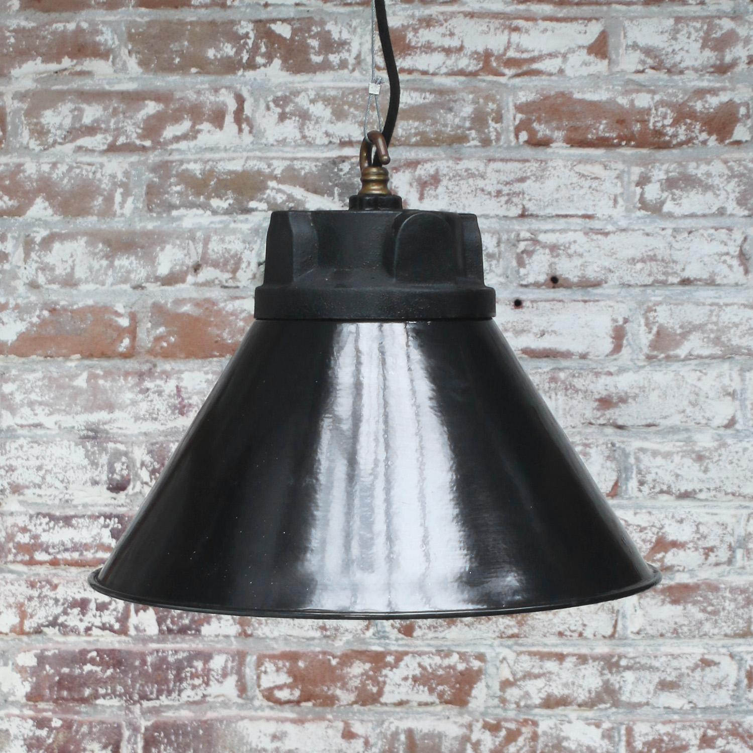 Black Enamel Vintage Industrial Cast Iron Frosted Glass Pendant Light For Sale 1