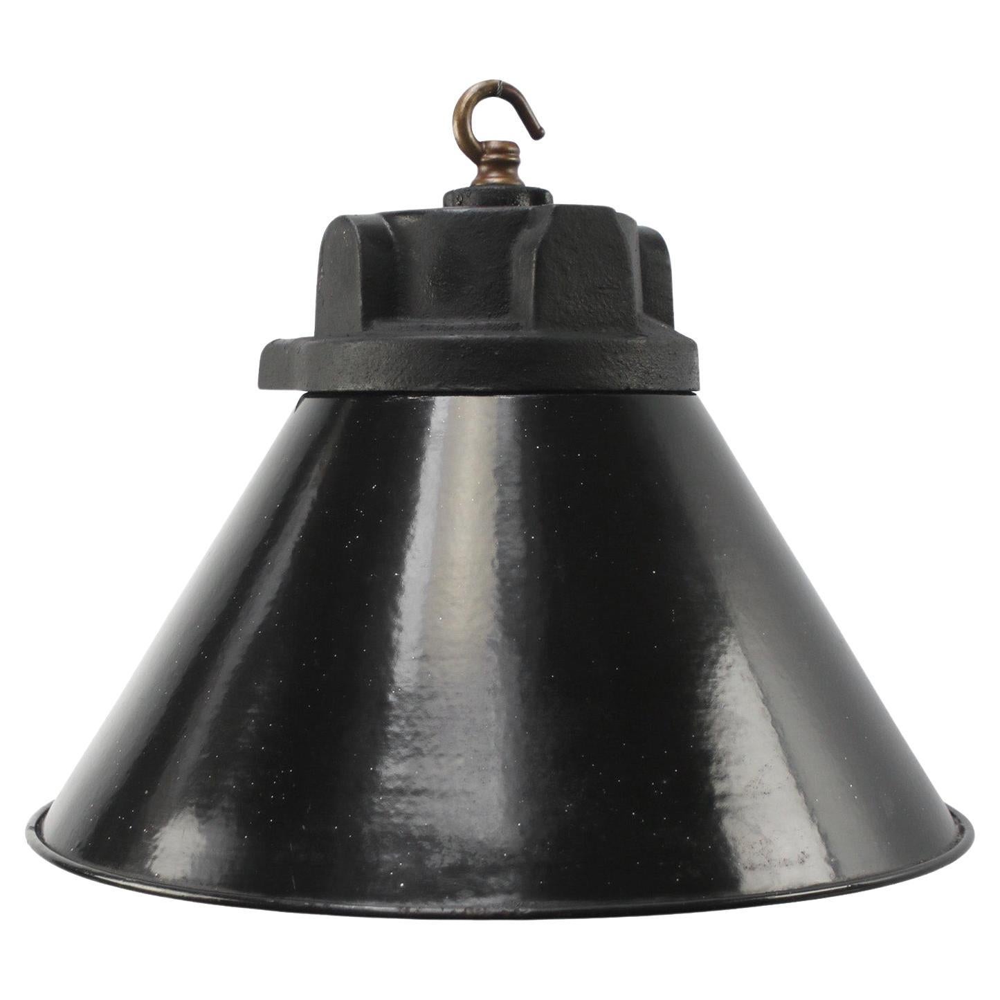 Lampe pendante en fonte industrielle émaillée noire avec verre dépoli en vente
