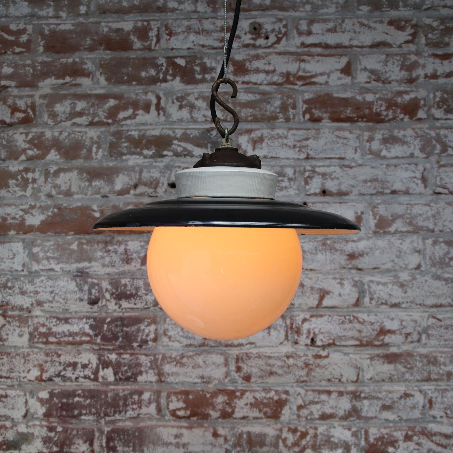 20th Century Black Enamel Vintage Cast Iron Porcelain Opaline Glass Pendant Lights