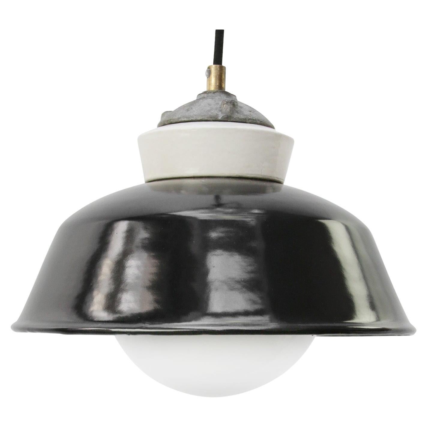 Black Enamel Vintage Industrial Cast Iron Porcelain Opaline Glass Pendant Lights For Sale