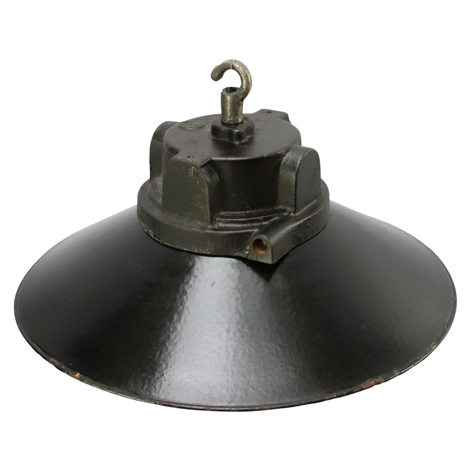 Original Siemens factory pendant
very rare early model
black enamel white interior
cast iron top with frosted glass and cage

Weight: 5.60 kg / 12.3 lb

Priced per individual item. All lamps have been made suitable by international standards