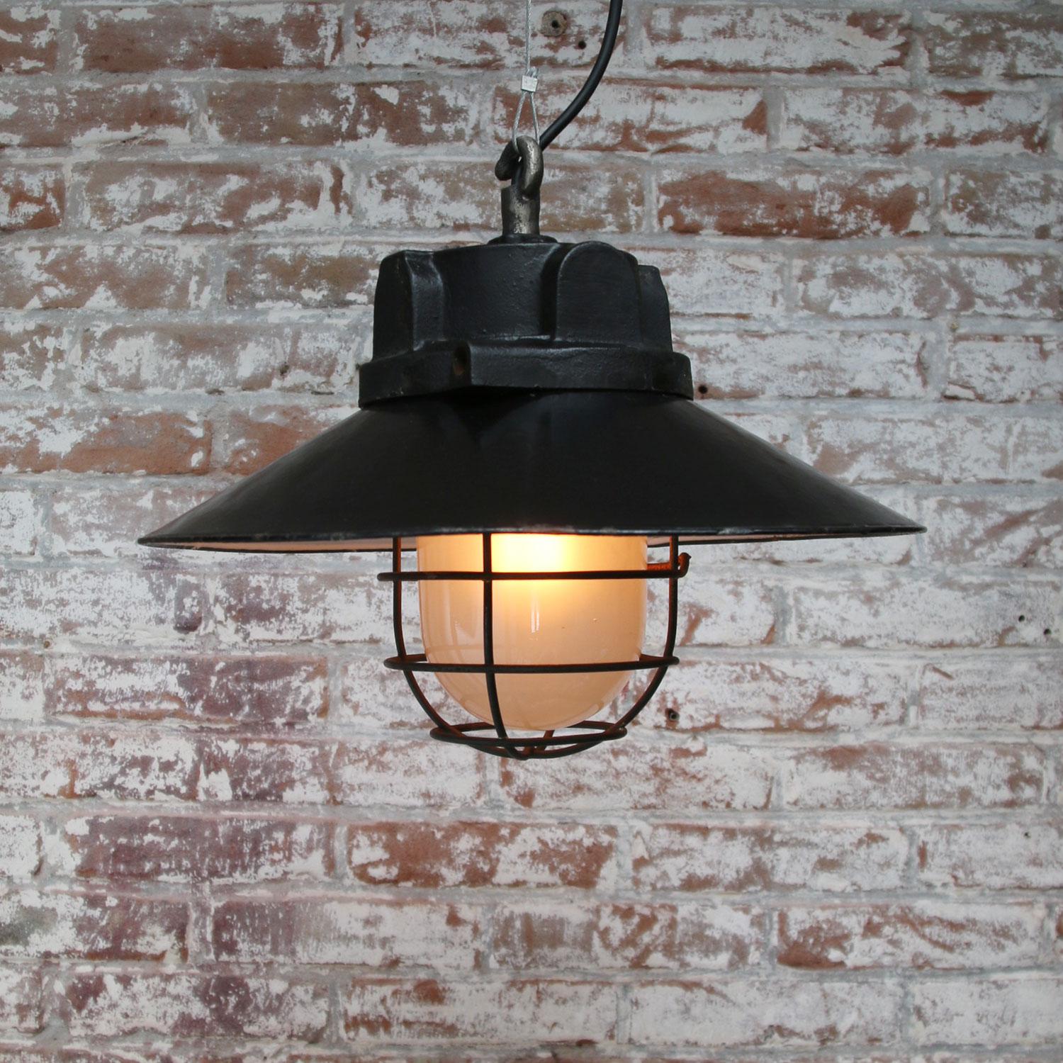 Black Enamel Vintage Industrial Cast Iron Top Frosted Glass Pendant Lights (5x) In Good Condition In Amsterdam, NL