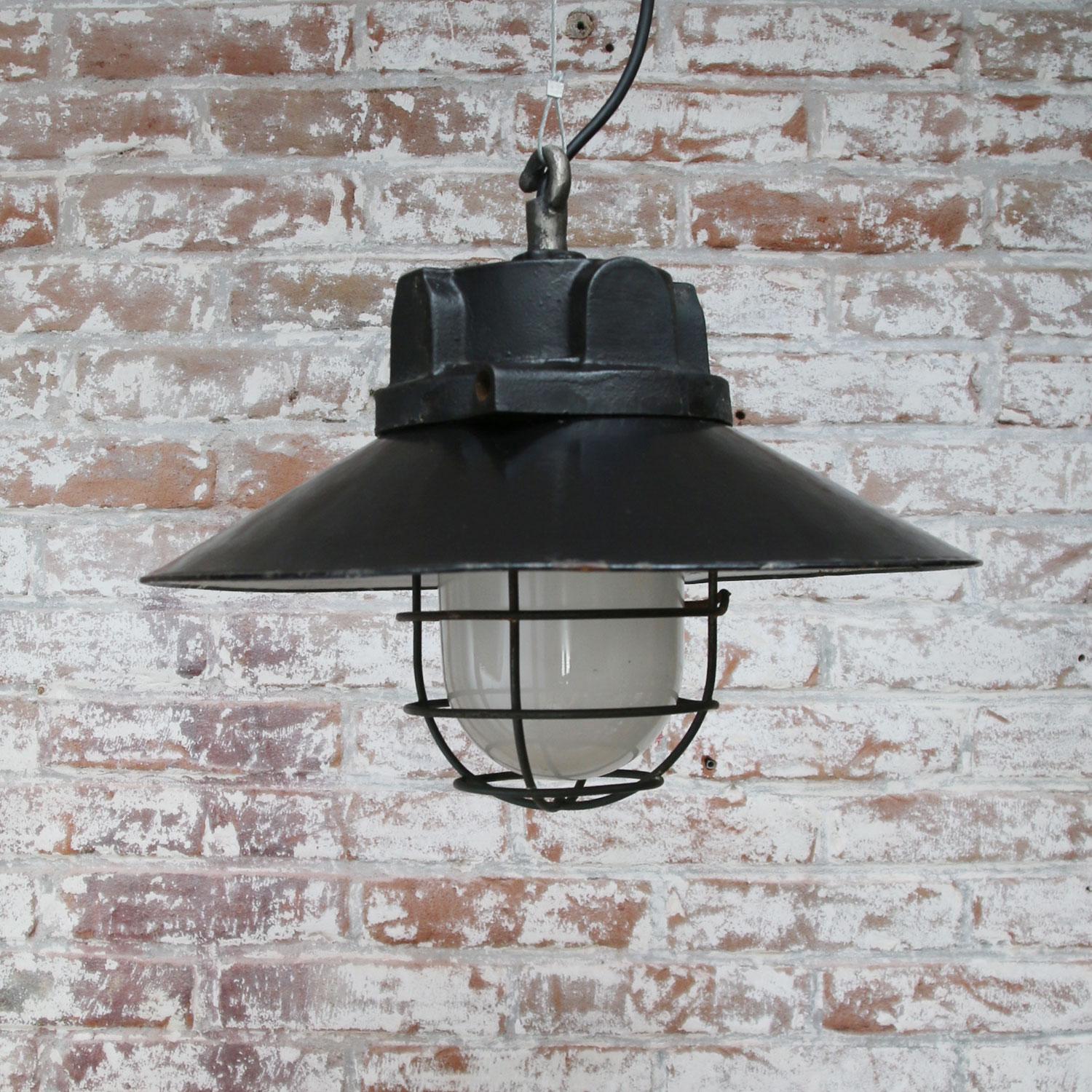 20th Century Black Enamel Vintage Industrial Cast Iron Top Frosted Glass Pendant Lights (5x)