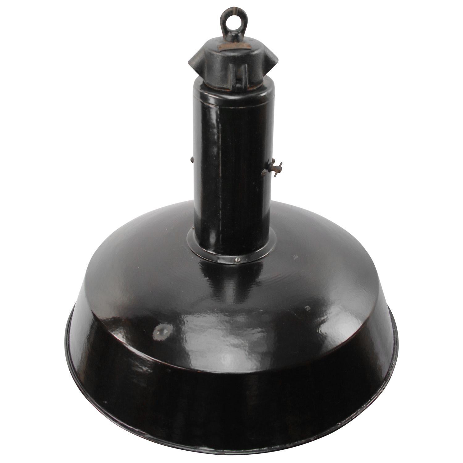 Black enamel industrial hanging lamp
white interior
cast iron top

Weight 4.10 kg / 9 lb

Priced per individual item. All lamps have been made suitable by international standards for incandescent light bulbs, energy-efficient and LED bulbs.