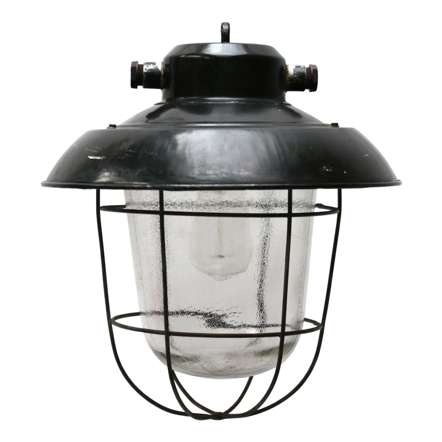 Black enamel industrial lamp. Clear Frosted glass.

Weight 3.0 kg / 6.6 lb. 

Priced per individual item. All lamps have been made suitable by international standards for incandescent light bulbs, energy-efficient and LED bulbs. E26/E27 bulb