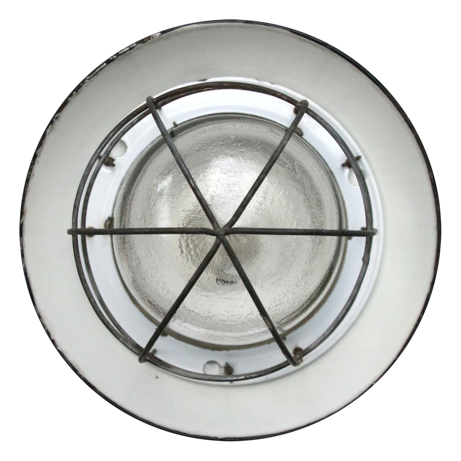 Black Enamel Vintage Industrial Clear Frosted Glass Pendant Lights In Good Condition For Sale In Amsterdam, NL